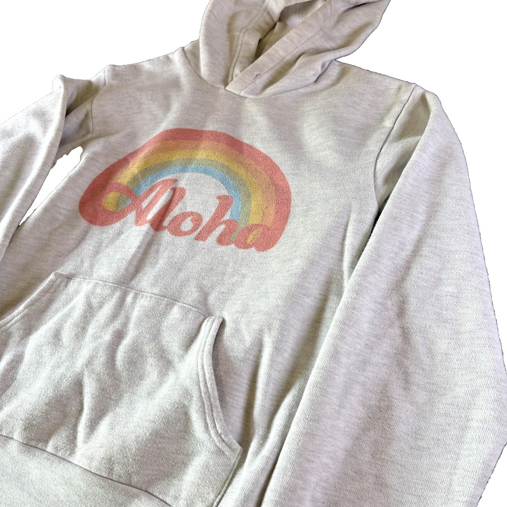 Vintage 90s Aloha Hoodie Womens Gray‎ Rainbow Graphic Kangaroo Pocket Casual